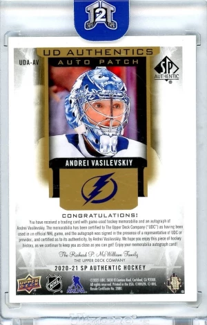 2020-21 Upper Deck SP Authentic Authentics Patch Auto /25 Andrei Vasilevskiy back